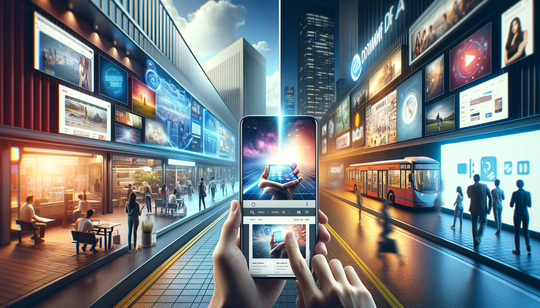 A split image illustrating the convergence of digital and physical advertising spaces: on the left, a digital world with a hand holding a smartphone in front of a computer screen displaying a brand's website; on the right, a physical world showing a public space with a large CETV screen broadcasting the same brand content.