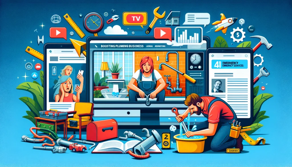 Image depicting advertising strategies for plumbing businesses, highlighting TV ads, social media, website SEO, and performance analytics.