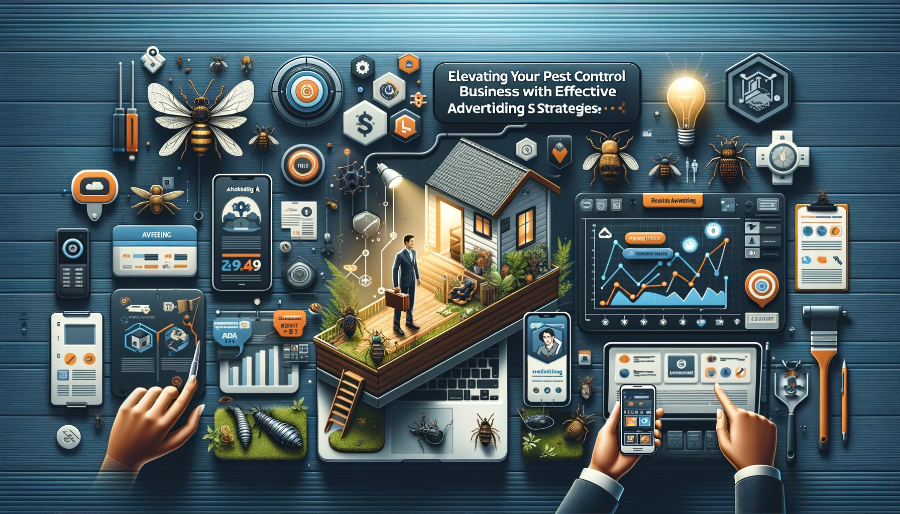 Image showcasing advertising strategies for a pest control business: a professional with services, digital ads on a device, and analytics charts indicating campaign performance.