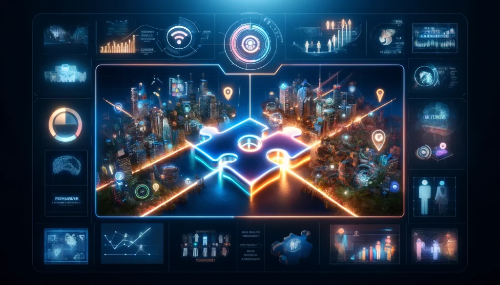 A horizontal image divided into three sections: a cityscape map with highlighted cities, two puzzle pieces forming a complete image, and a futuristic control panel with data visualizations.